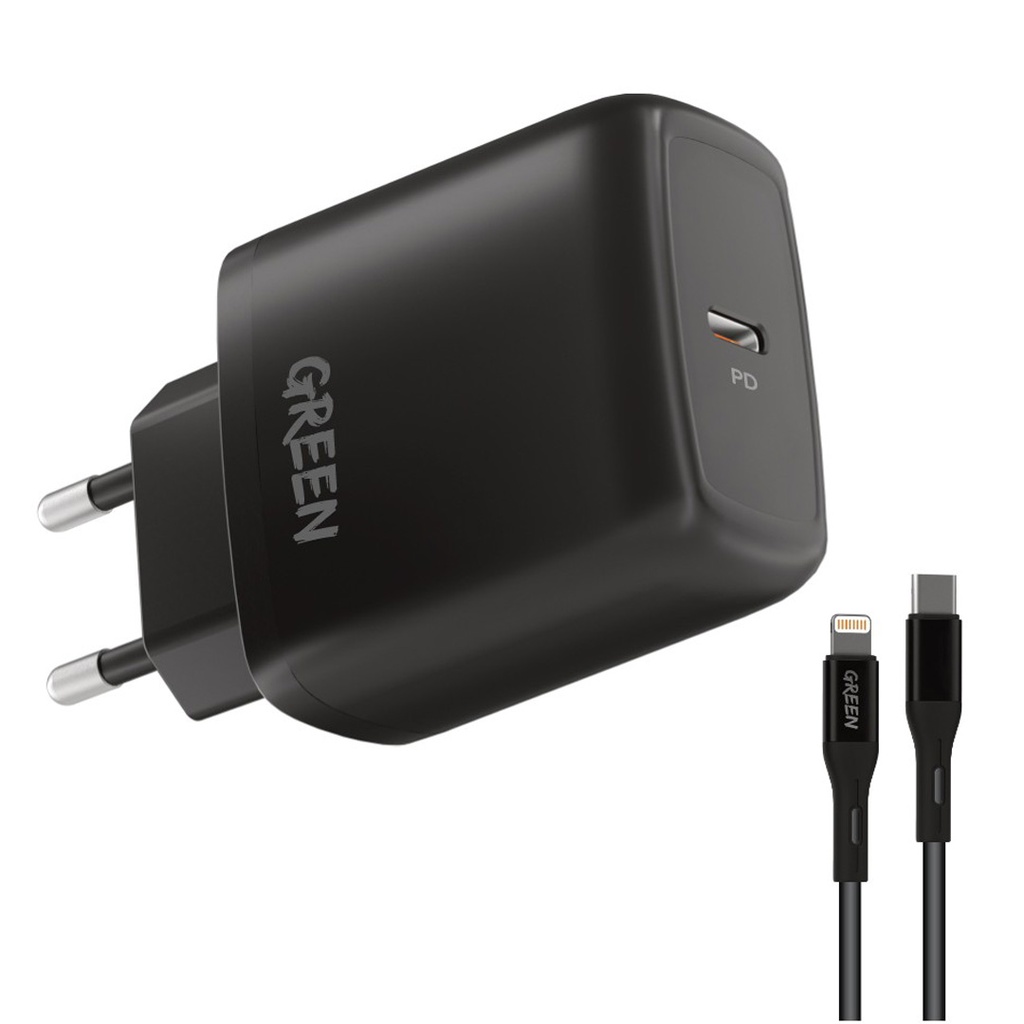 Green Lion Type-C Port Wall Charger 20W EU with PVC Type-C to Lightning Cable 1.2M - Black