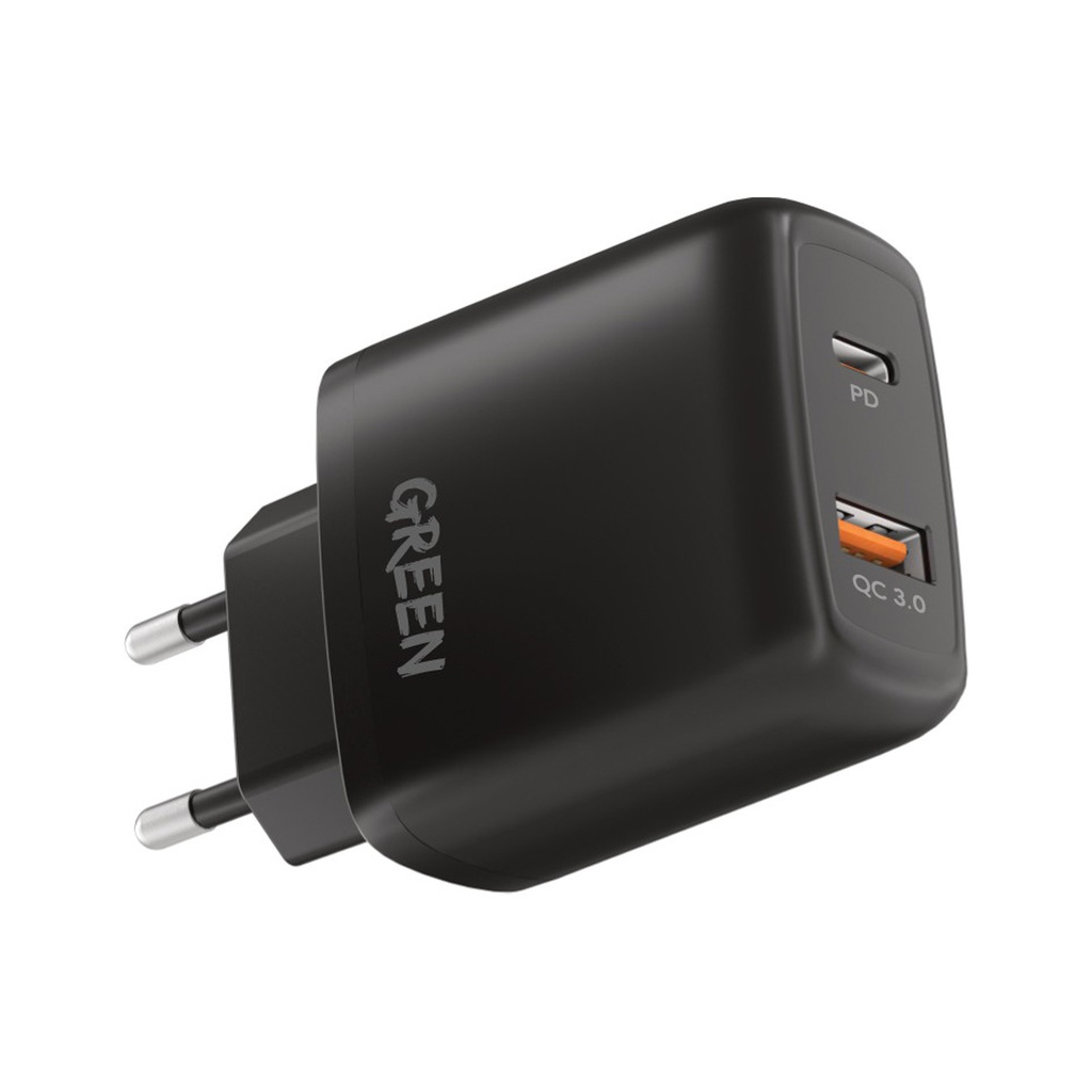 Green Lion Dual USB Port Wall Charger PD+QC3.0 20W EU - Black