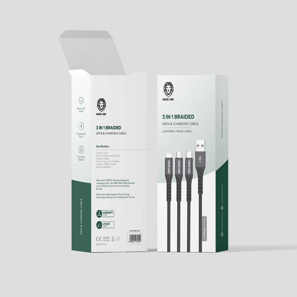 Green Lion 3 in 1 Braided Cable 1.2M ( Lightning  Micro USB  Type-C ) - Black