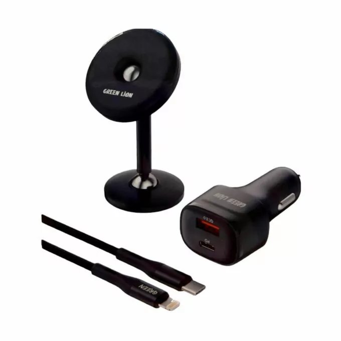 Green Lion 3 in 1 Combo ( Magnetic Car Holder / Car Charger 20W PD-QC / USB-C to Lightning Cable 1.2M 20W ) - Black