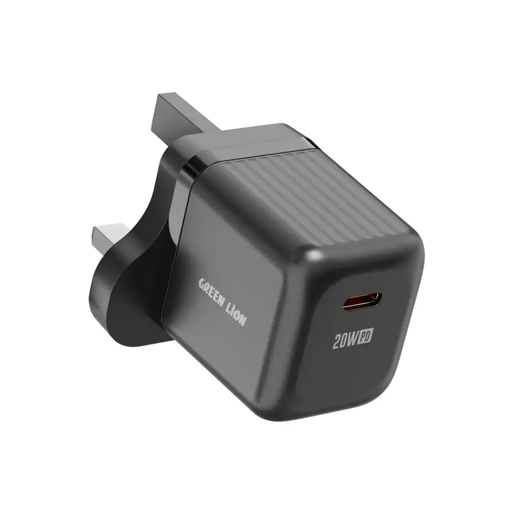 Green Lion Ultra Compact GaN Wall Charger UK Pin USB-C 20W (with C to C / C to L Cable) - Black