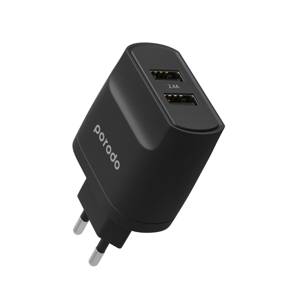 Porodo Blue Dual Port EU 2-Pin Wall Charger – Black