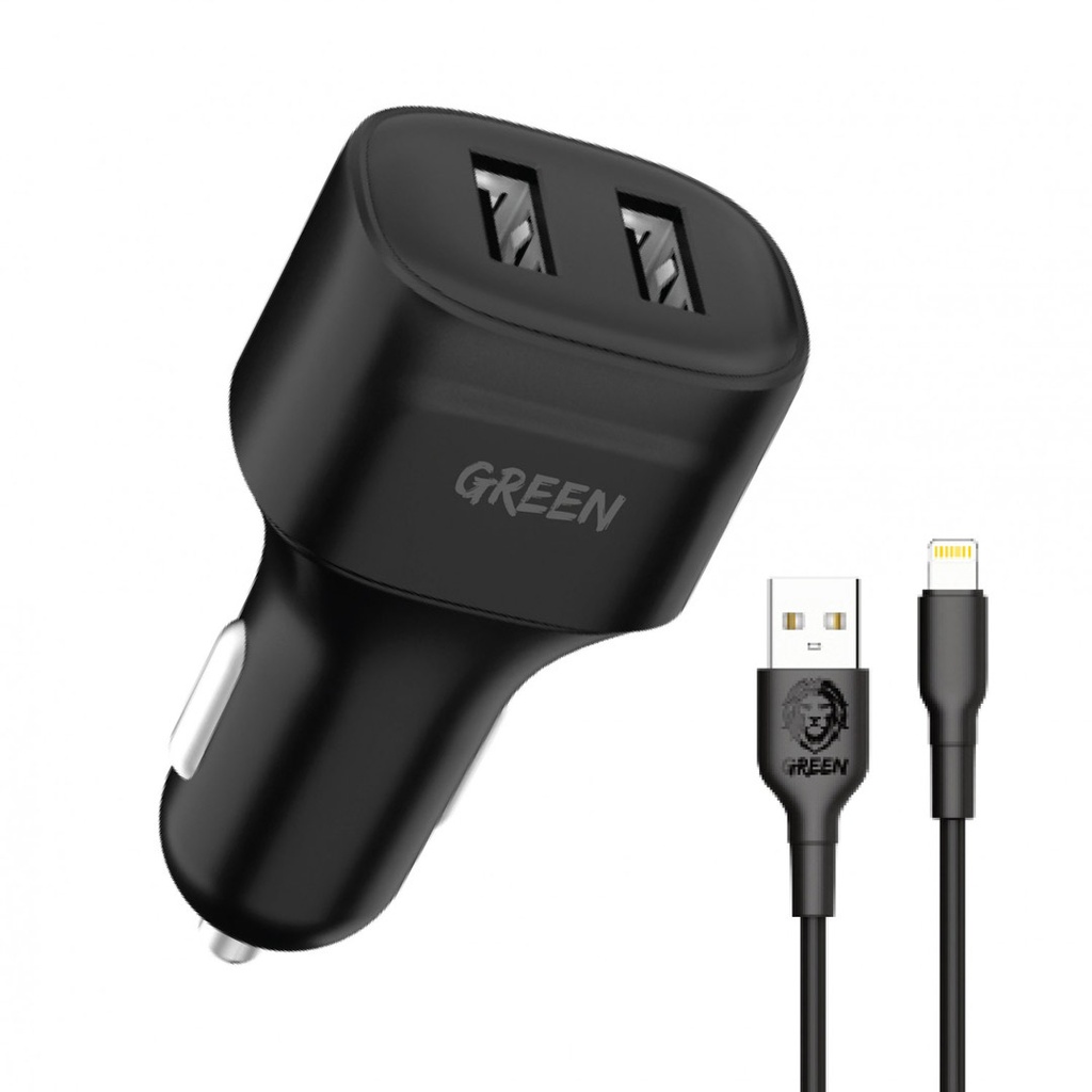 Green Lion Dual Port Car Charger 12W with PVC Lightning Cable 1.2M - Black