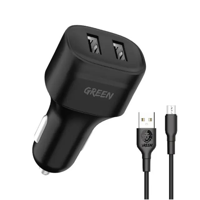 Green Lion Dual Port Car Charger 12W with PVC Micro USB Cable 1.2M