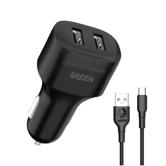 Green Lion Dual Port Car Charger 12W with PVC Type-C Cable 1.2M