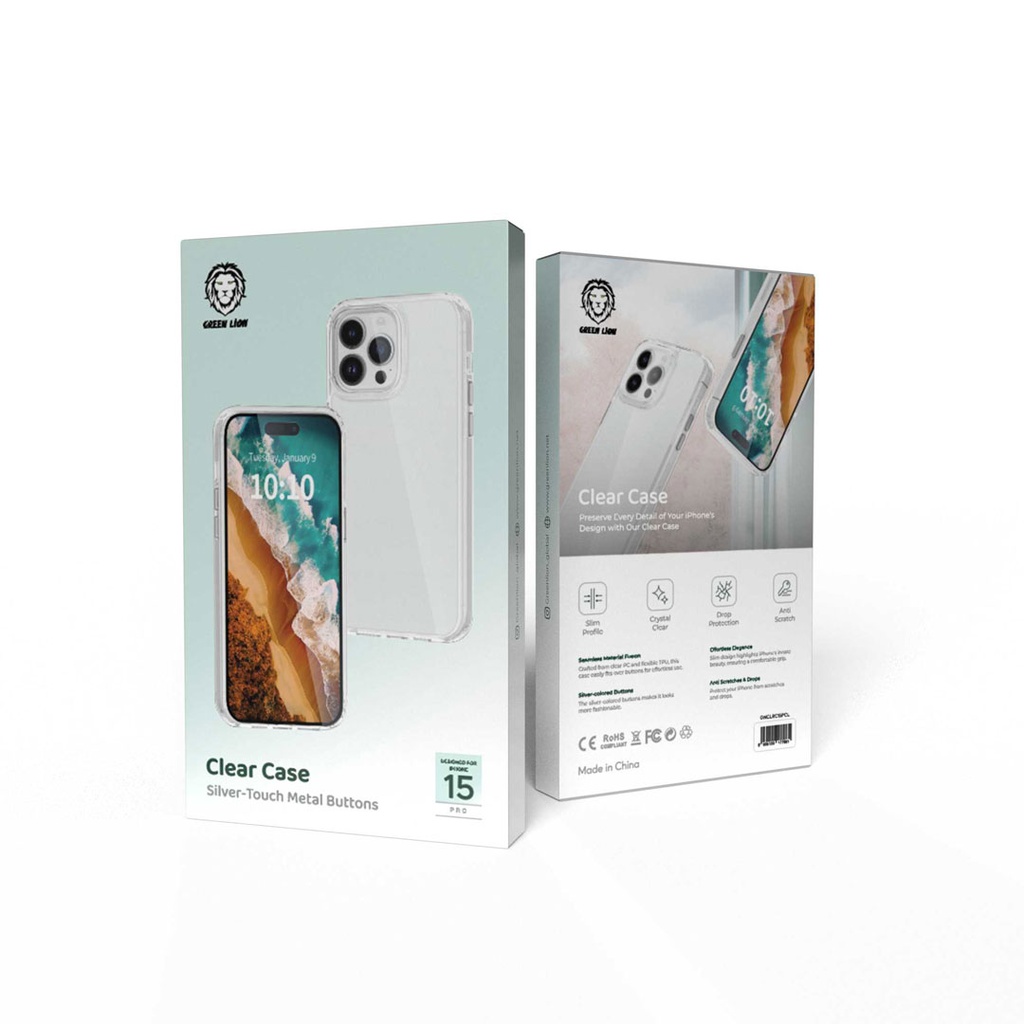 Green Lion Clear Case with Metal Buttons for iPhone 15 Series - Clear