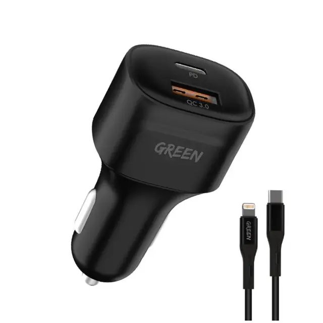 Green Lion Dual Port Car Charger PD+QC3.0 20W with PVC Type-C to Lightning Cable 1.2M