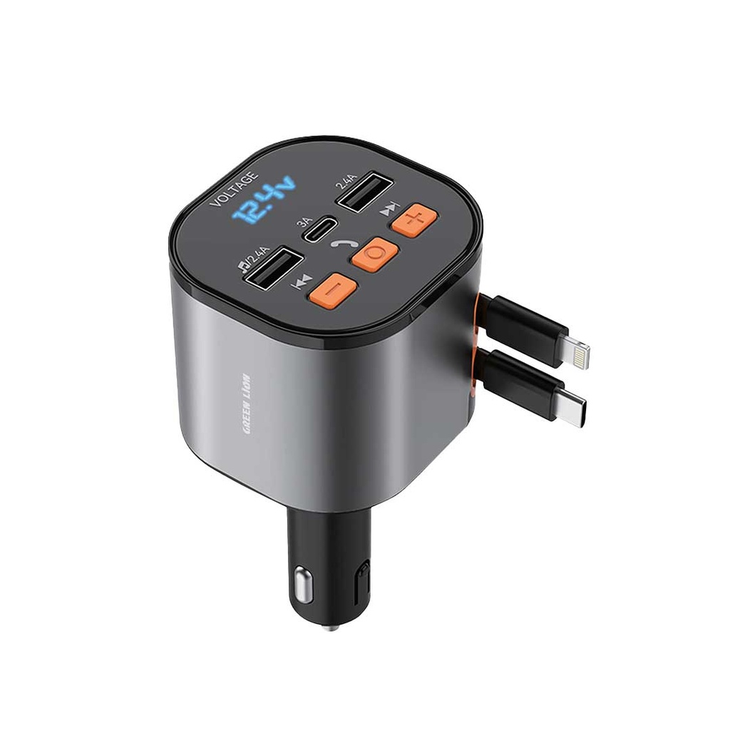 Green Lion FM Retractable 50W Car Charger - Black