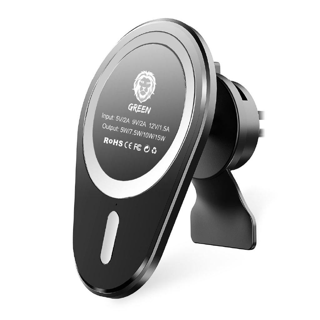 Green Lion Wireless Magnetic Car Charger / Mount 15W ( Air Vent + Stick-on-Holder ) - Black