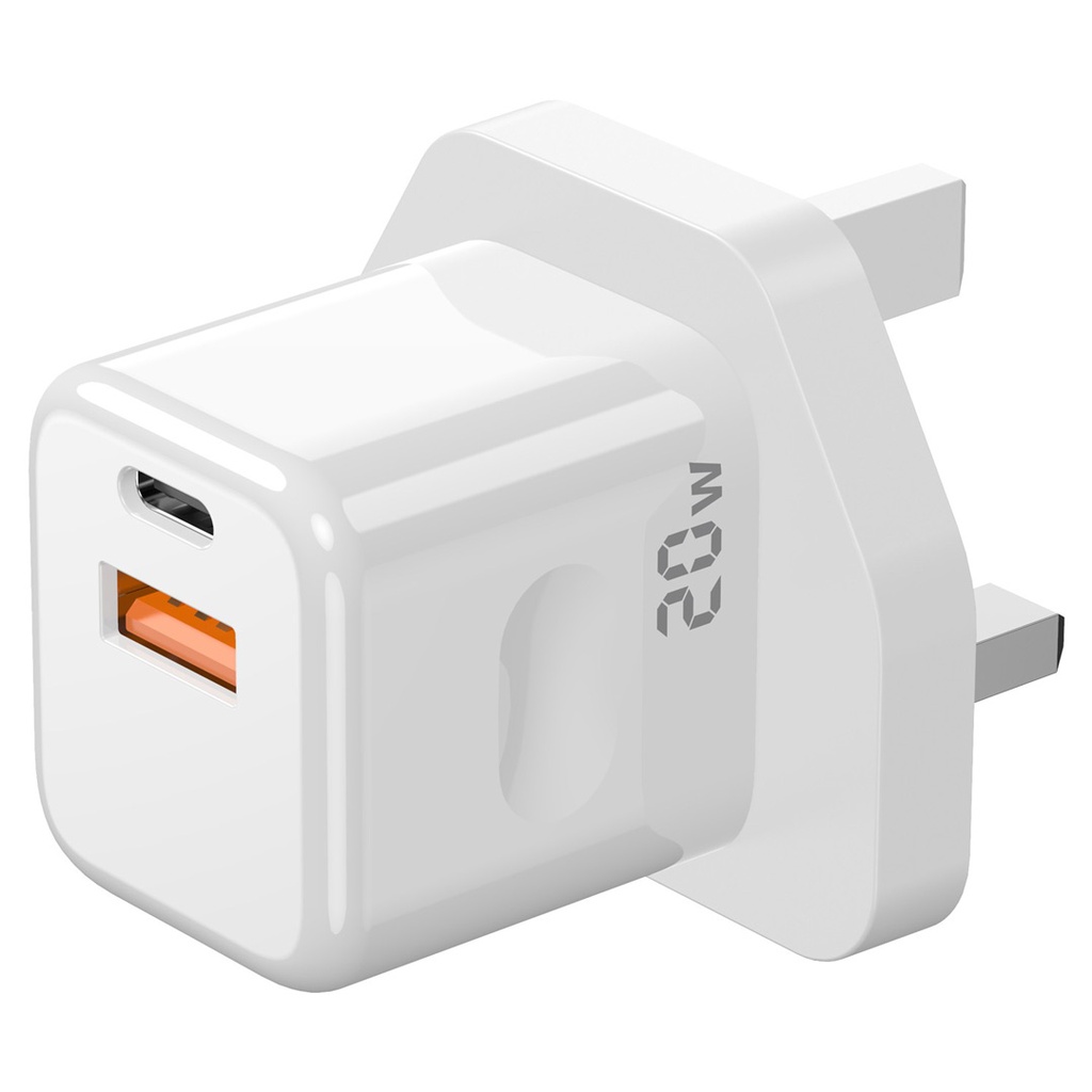 Porodo Blue Wall Charger 1*PD Type-C and 1* QC Type-A UK PD 20W - White