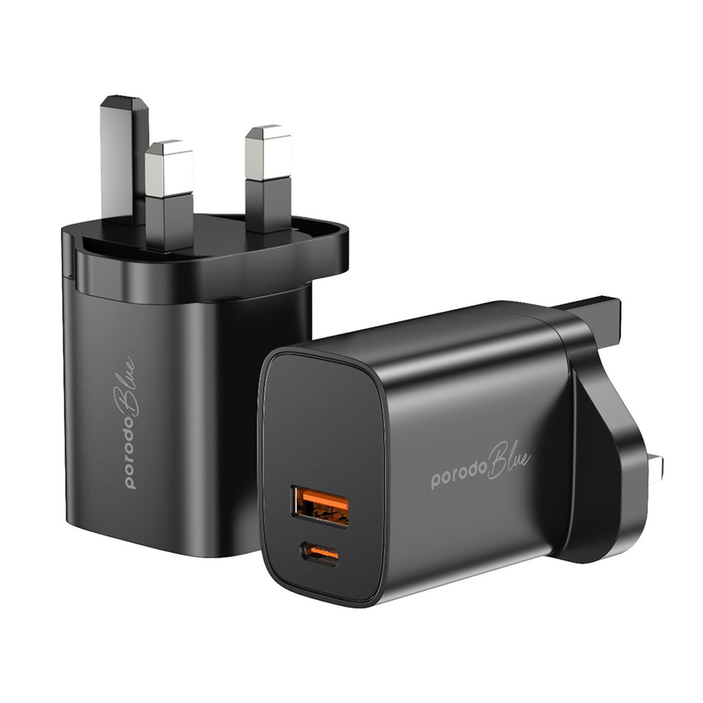 Porodo Blue Dual Port Wall Charger USB-A Quick Charge 3.0