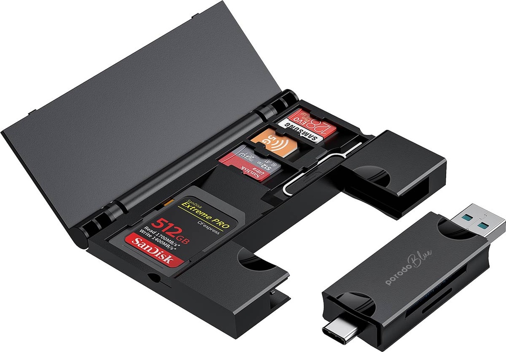 Porodo Blue 2-in-1 Card Reader with Card Holder