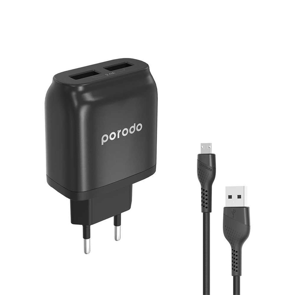 Porodo Dual USB Wall Charger 2.4A with Improved Version PVC Micro USB Cable 1.2m EU - Black