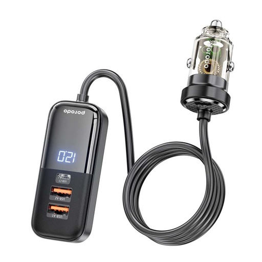 Porodo 120W Transparent Multi Port Car Charger with Rear Expansion - Black