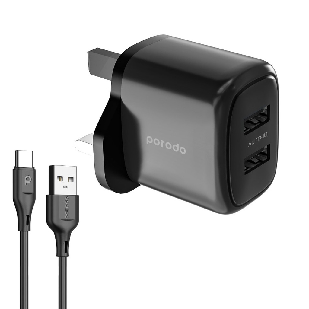 Porodo Dual Output Charger With USB - A USB - C Cable