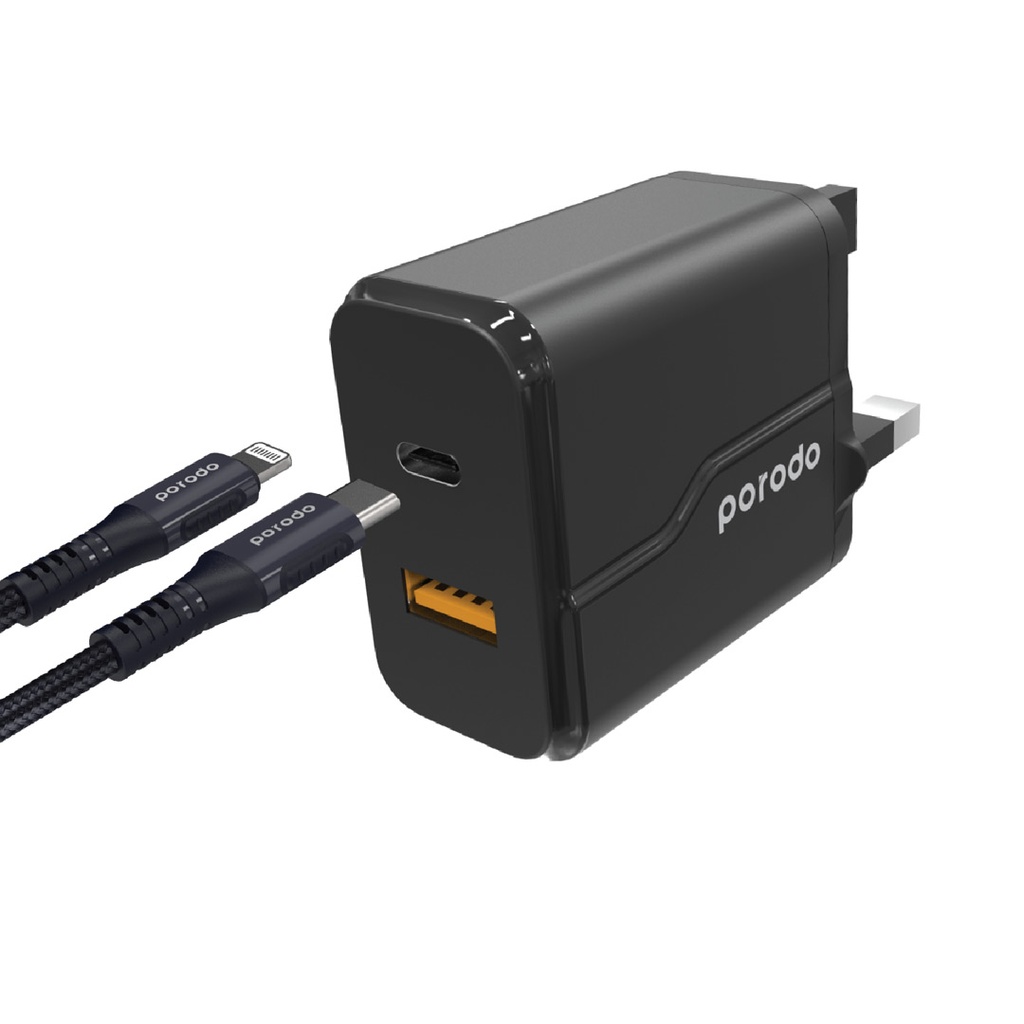 Porodo Dual Port Wall Charger PD 20W + QC3.0 UK - Black