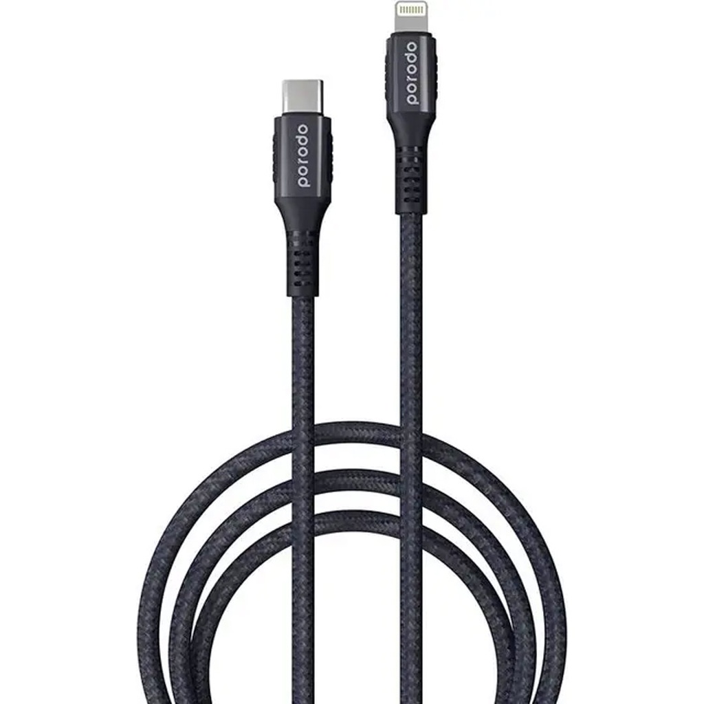 Porodo Braided & Aluminum Type-C to Lightning Cable 2M 3A - Black