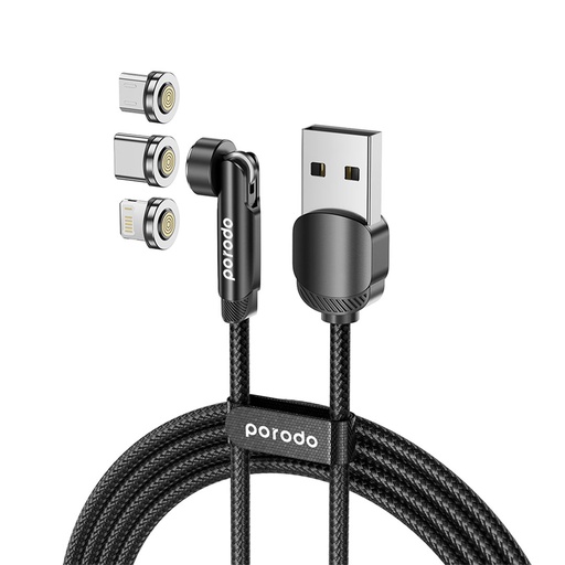 Porodo 3in1 TPE Cable with Rotatable Head for Micro + Lightning + Type-C - Black