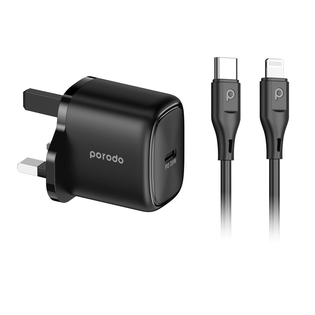 Porodo 20W Single USB C Charger UK With Type C to L Cable 1.2M - Black