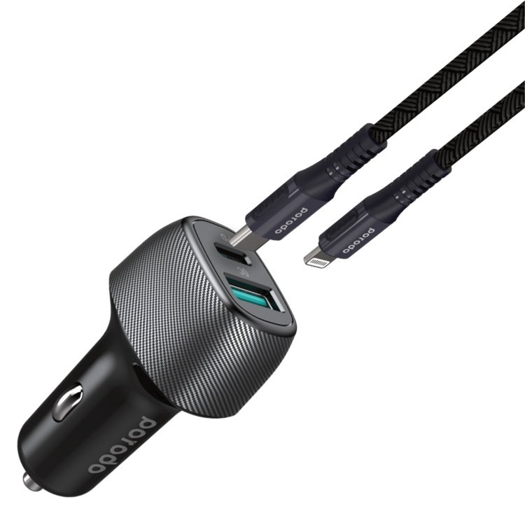 Porodo Dual Port Car Charger with Braided Type-C to Lightning Cable