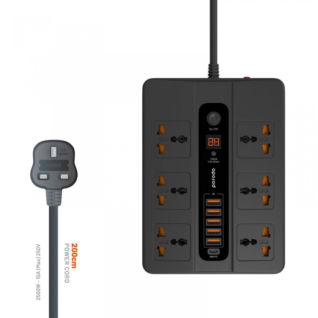 Porodo 6 AC 5 USB & USB-C PD Multiport Socket - Black