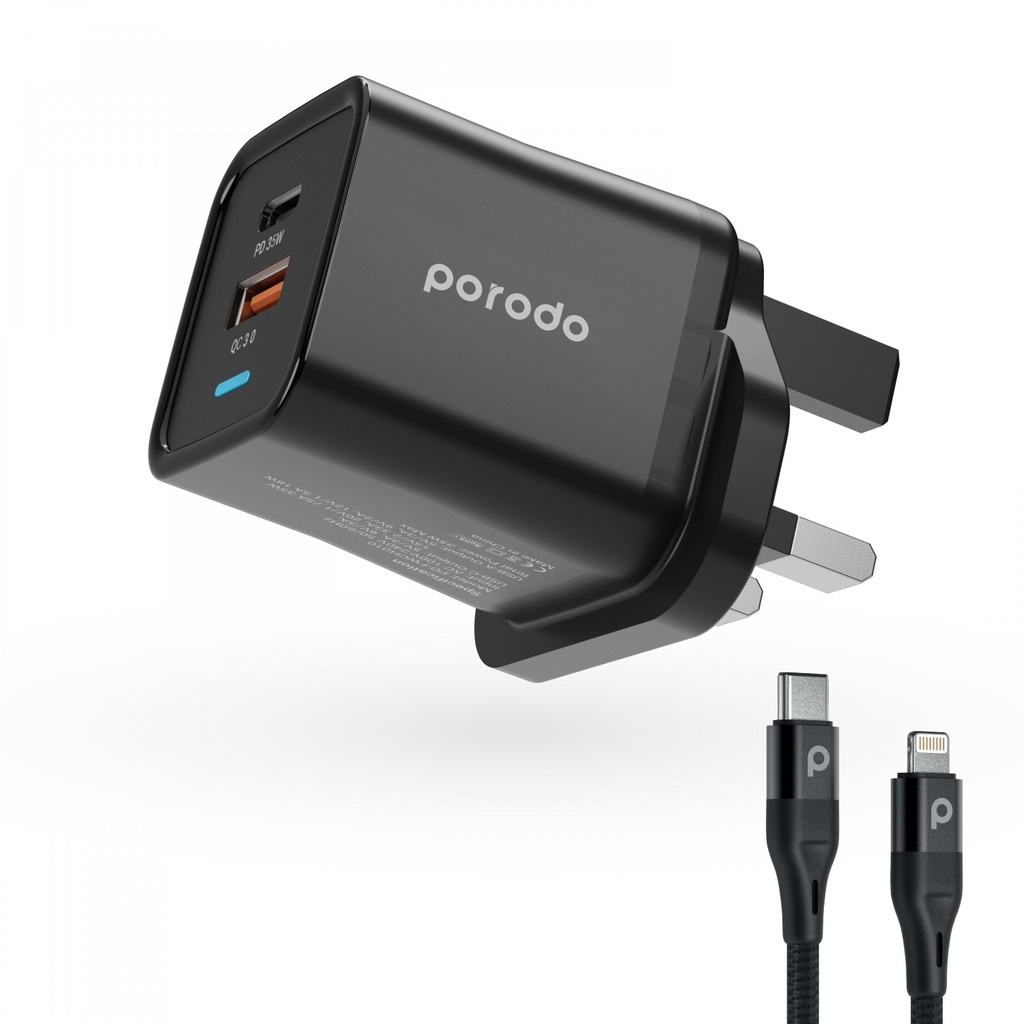 Porodo Dual Port PD + USB-A ( 35W+18W) Charger With Type-C To Lightning