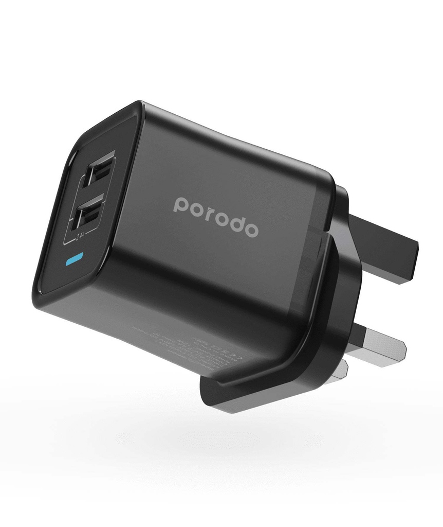Porodo Dual USB Wall Charger 2.4A UK - Black