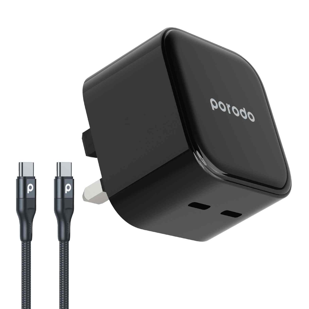 Porodo Super-Fast Dual USB-C Wall Charger 35W UK with Braided Type-C to Type-C Cable 1.2m - Black