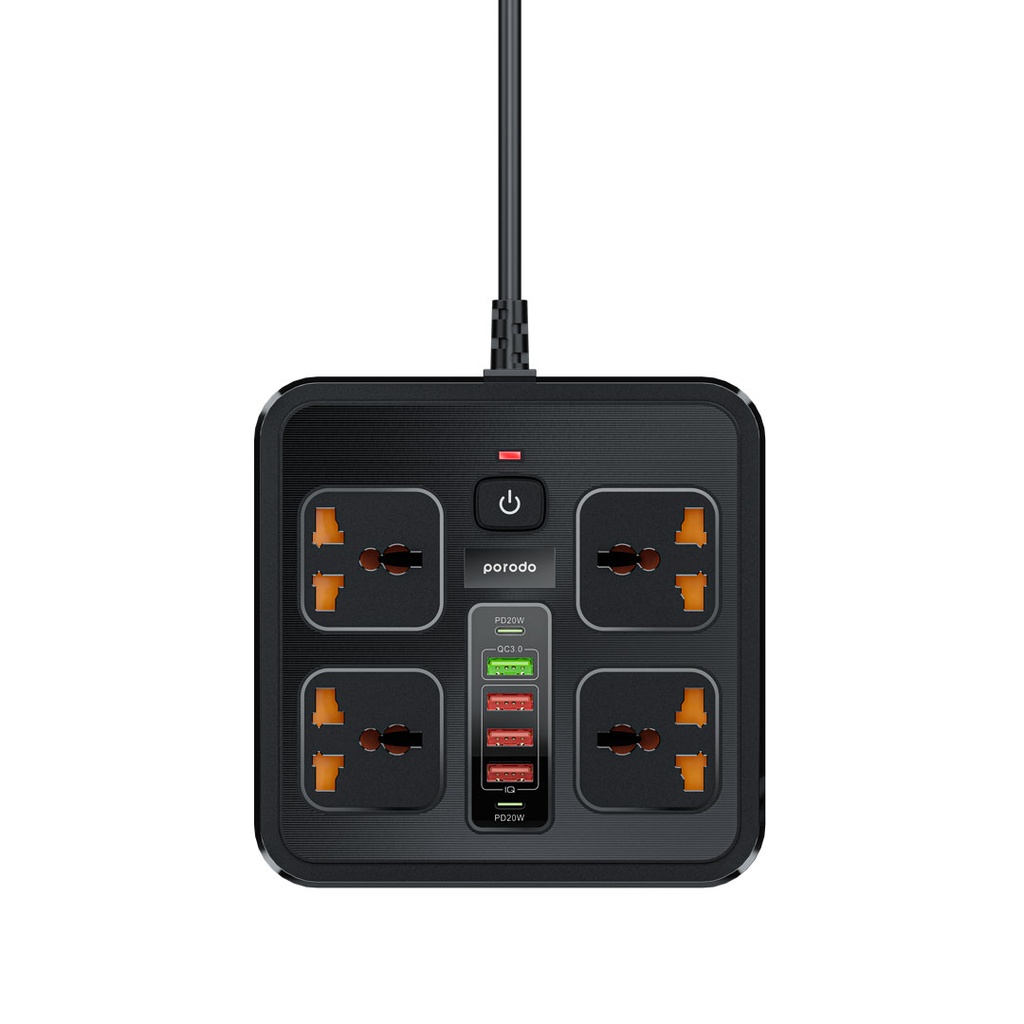 Porodo 3USB-A 2Type-C and 4AC Multiport Socket with UK Plug 3 Meter - Black