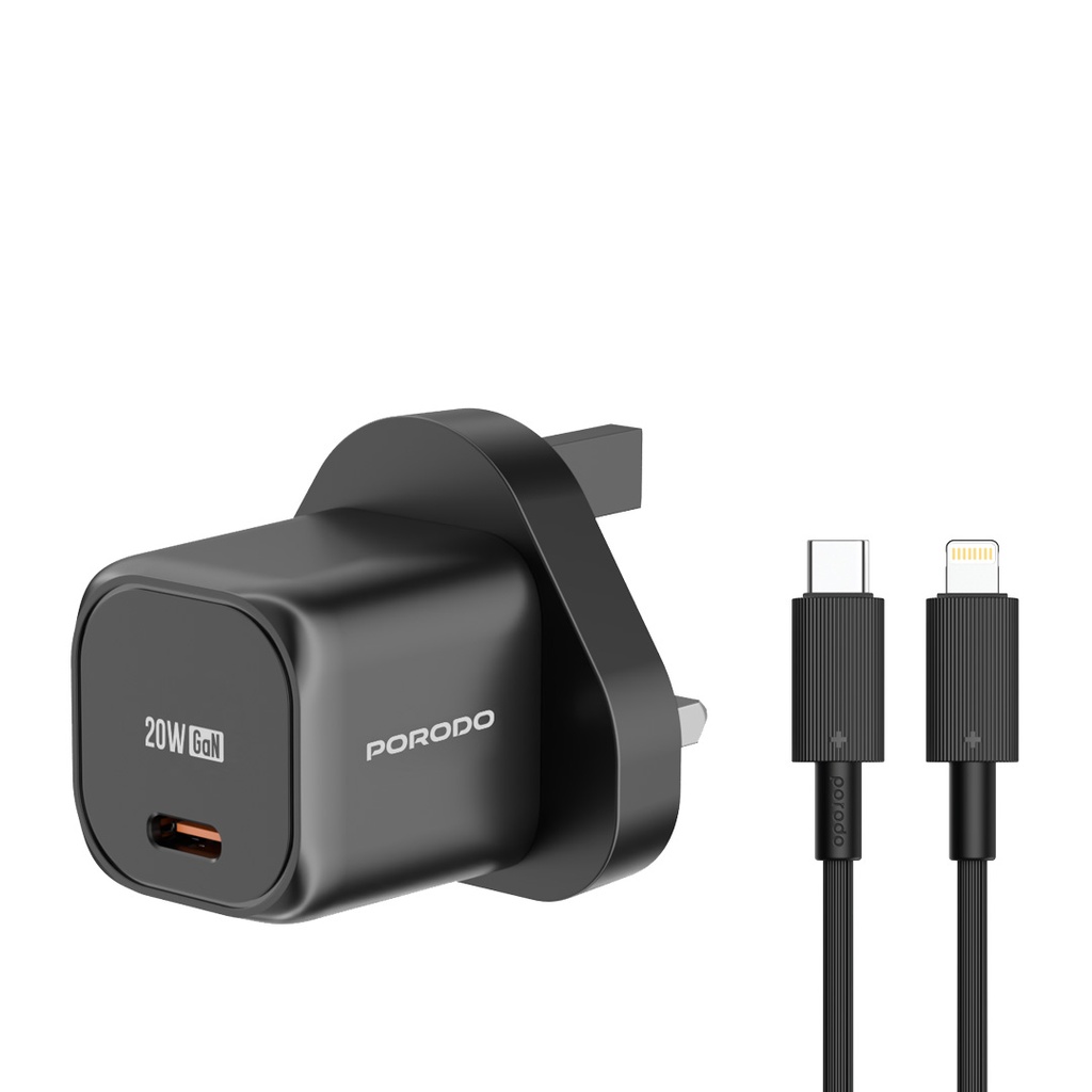 Porodo PD 20W UK Fast Charger / With C to Lightning Cable / With C to C Cable - Black