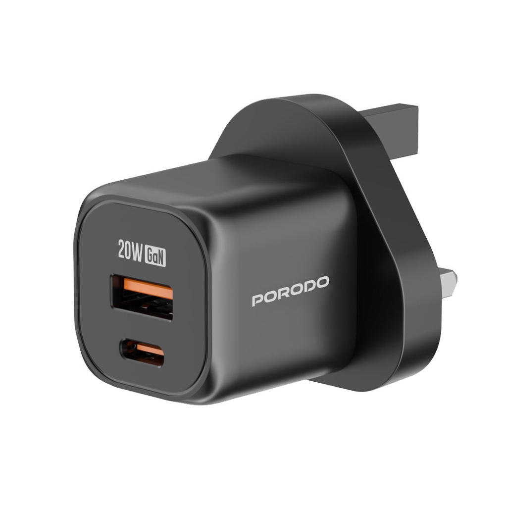 Porodo PD 20W USB QC3.0 UK Fast Charger / With C to Lightning Cable / With C to C Cable - Black