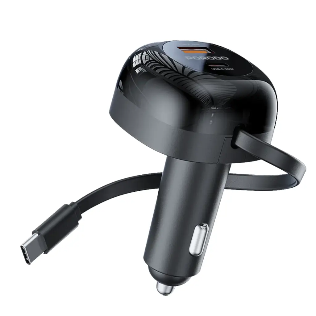 Porodo Dual Port Car Charger 80cm Retractable Type-C Cable - Black
