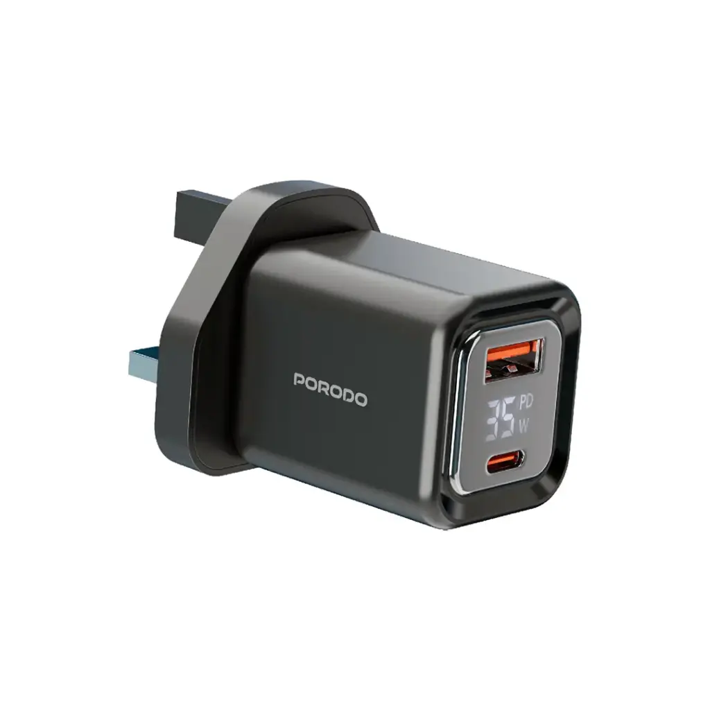 Porodo Dual-Port | Digital Display Quick Charger (with C to C / C to L Cable) - Black