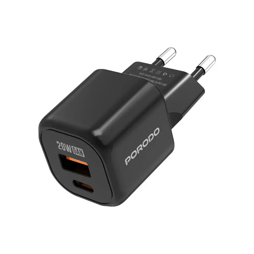 Porodo Dual Port Wall Charger (with C to C / C to L Cable) - Black