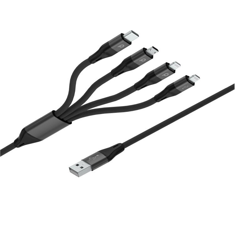 Porodo 4 in 1 Aluminum Braided Cable 1.2M 2.4A  (Lightning 2X / Micro USB / Type-C )