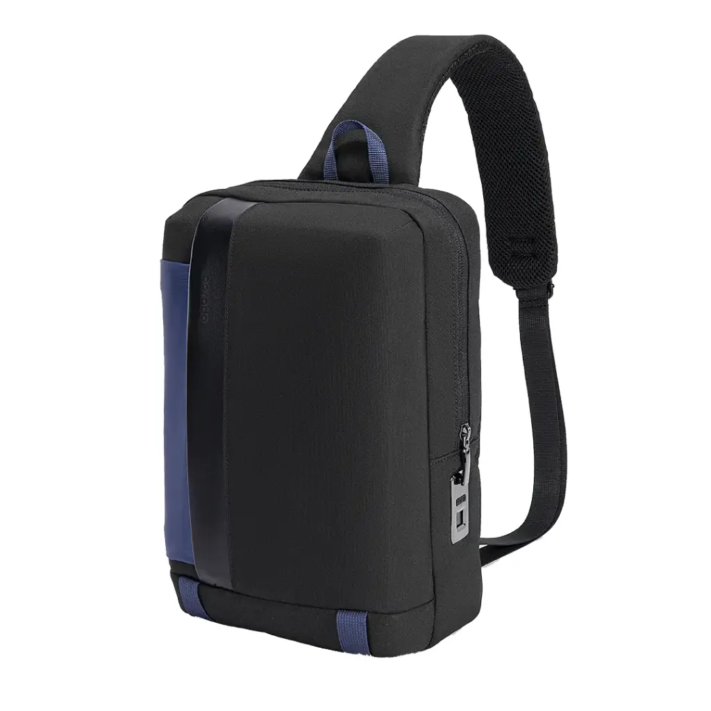 Porodo Lifestyle Cross Body Sling Bag with Fingerprint Lock - Black/Blue