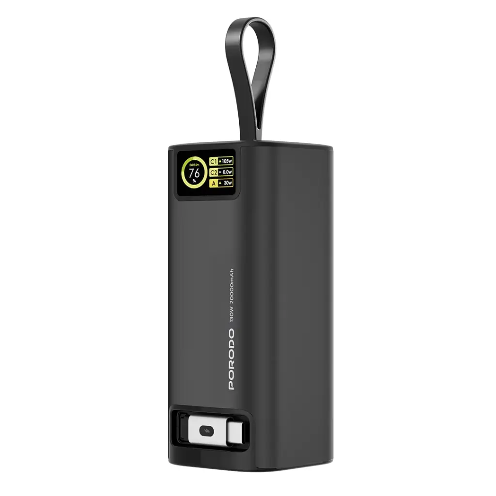 Porodo 20000mAh 130W Power Bank 1M Retractable Type-C Cable - Black