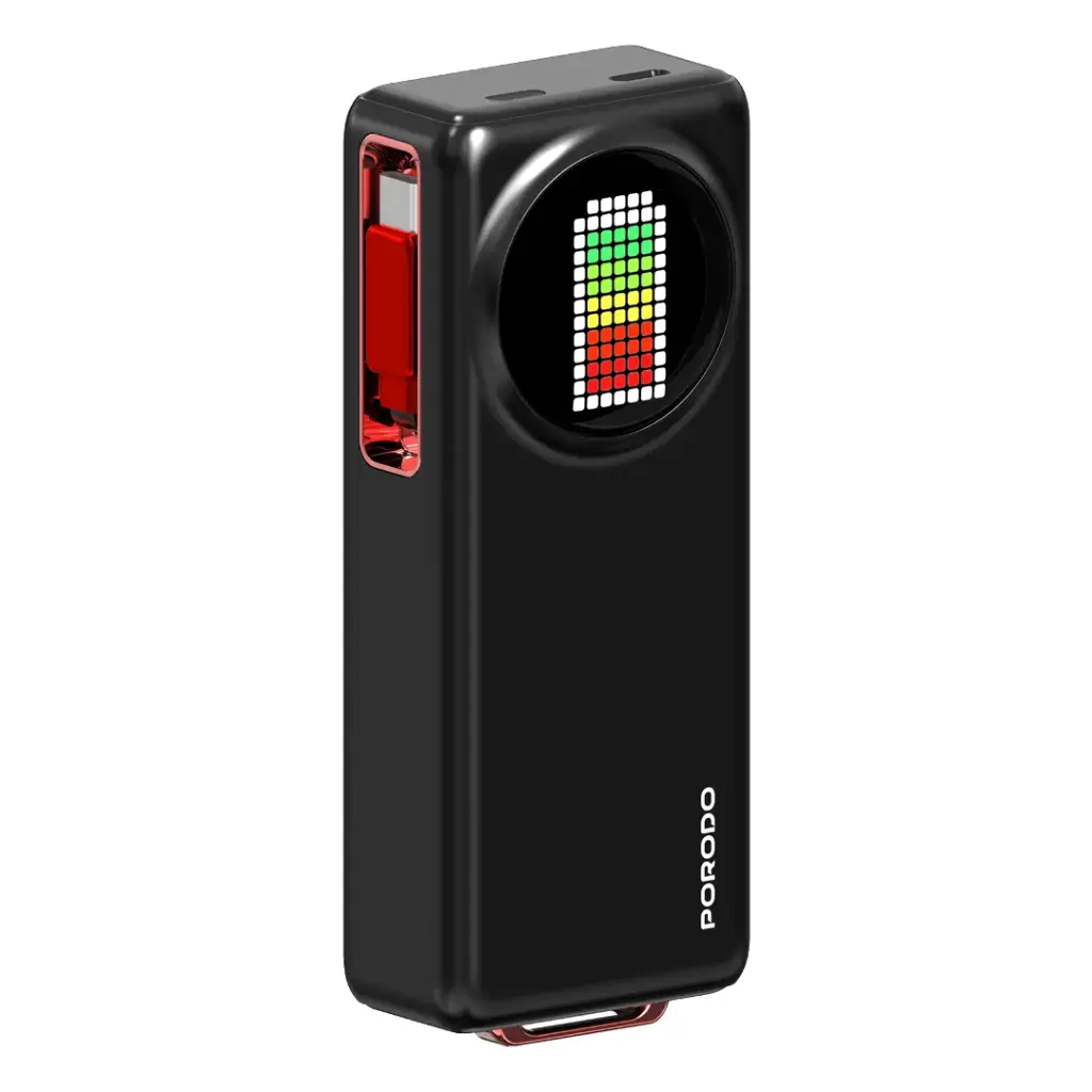 Porodo 10000mAh Animated Display Power Bank 68Cm Retractable Type-C - Black