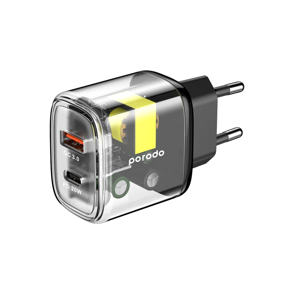 Porodo Dual Output Transparent Quick Charger PD 20W + QC 18W EU - Black
