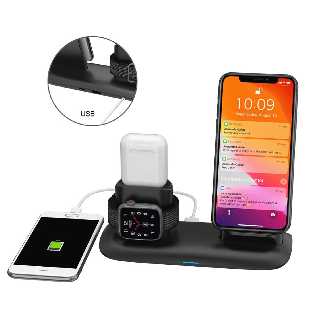 Porodo 4 in 1 Charging Station 7.5W/10W for iPhone / Apple Watch / Airpods - Black