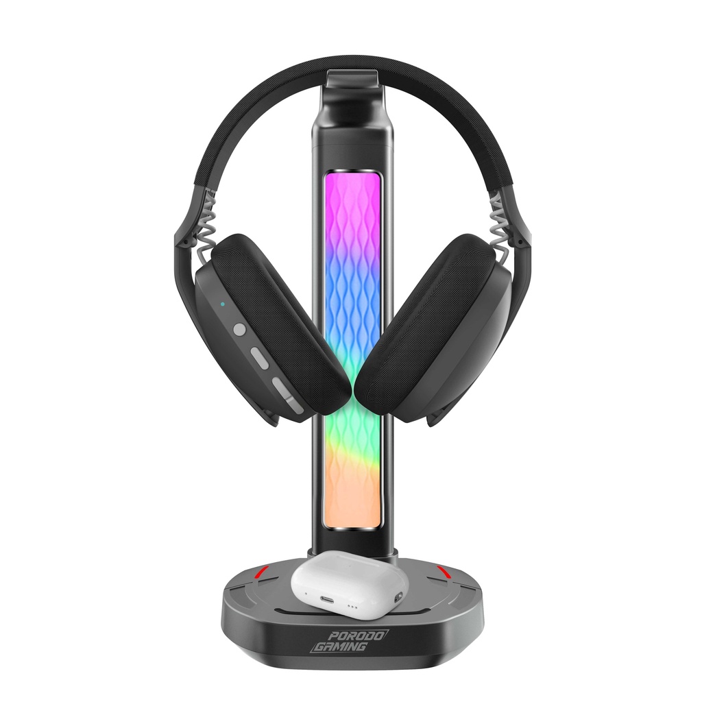 Porodo Gaming RGB Headphone Stand, Wireless Charging & USB-C Hub with Screen Lamp 5W