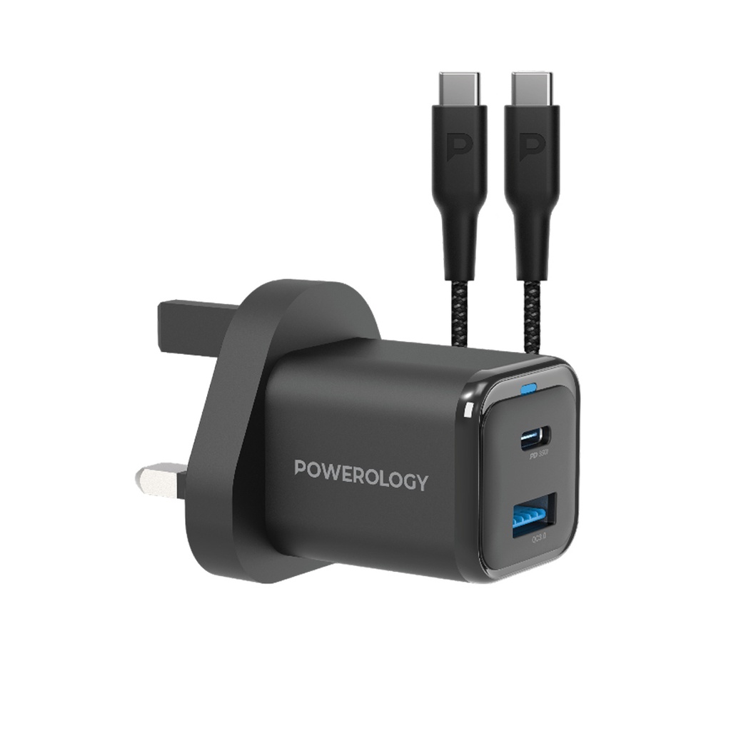 Powerology 35W PD QC 1xUSB-C 35W and 1xUSB-A 18W GaN Charger UK -with Type C to C 60W -Black