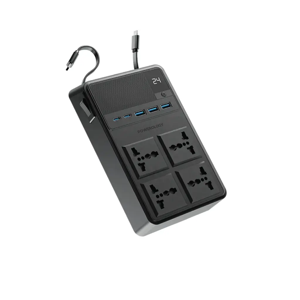 Powerology 2500w 4 AC Power Strip with Built-In Retractable Cables - Black