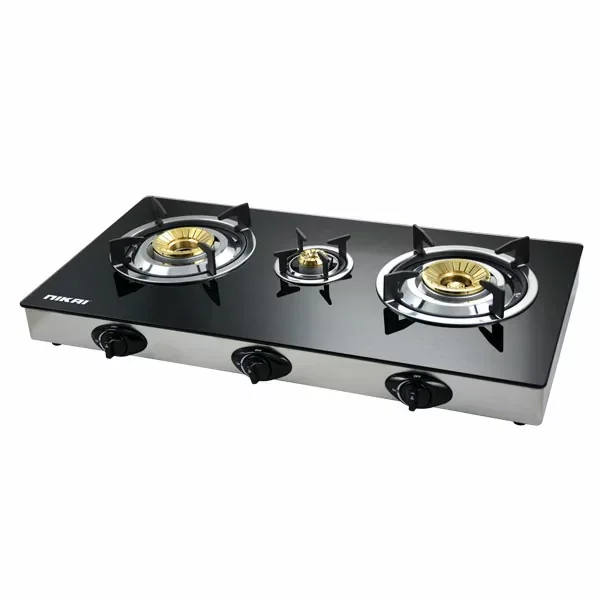 Nikai Gas Cooker 3 Burner Triple Gas Burner Glass Top Auto Ignition Black 7MM Tempered Glass Panel NG5093G