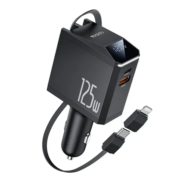 YESIDO Y71 125W Fast Charging USB A + Type C Car Charger with Retractable Cable and iP Adapter