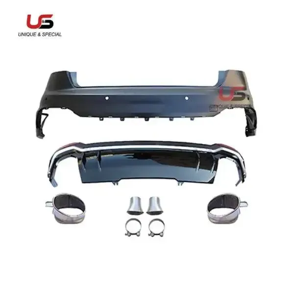 Auto Body Kit Modified to RS4 Style Rear Bumper Diffuser with Exhaust Pipe Muffler Tip Compatible With Audi A4 B9 2017-2019