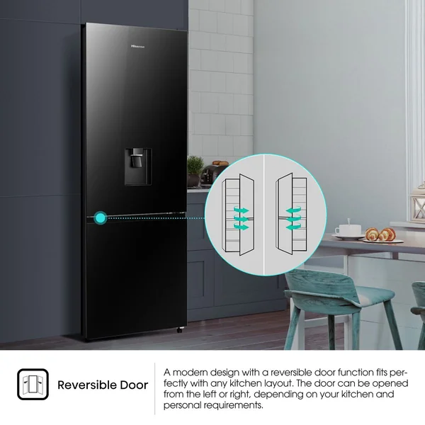 Hisense 347L Double Door Refrigerator, Bottom Freezer, Water Dispenser, Black, Mirror Finnish H450BMIB-WD