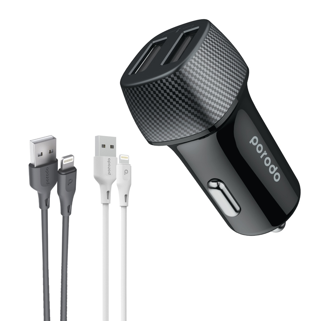 bundle Porodo Dual Port Car Charger + Lightning Cable (0.9m + 3m)