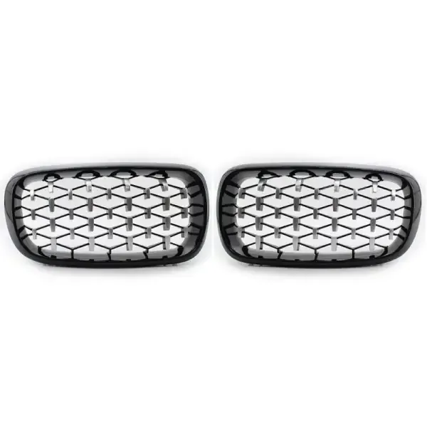 Front Bumper Show Grill Diamond Black Silver Without Camera Hole CC-3121 Compatible With BMW X5 F15 X6 F16 2015-2019