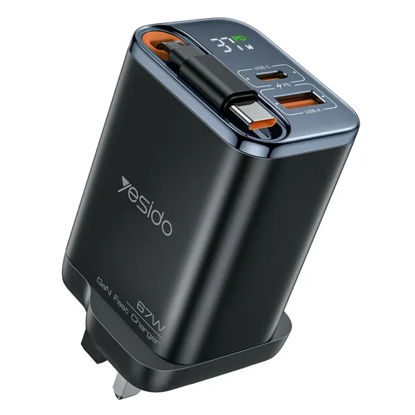 YESIDO 67W GaN Charger UK Plug Retractable Cable Digital Display